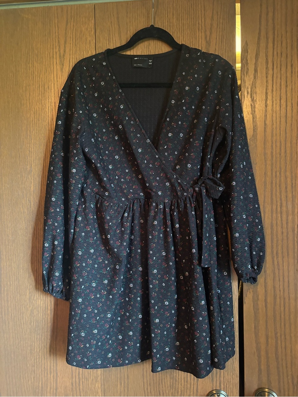 ASOS Black Floral Wrap Tunic Dress with Tie Waist